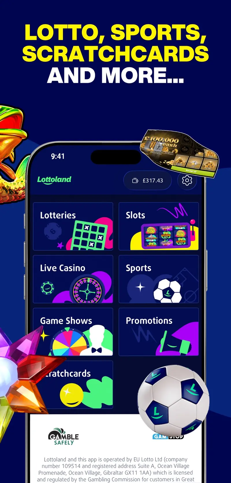 Lottoland app menu with lotteries, slots and live casino
